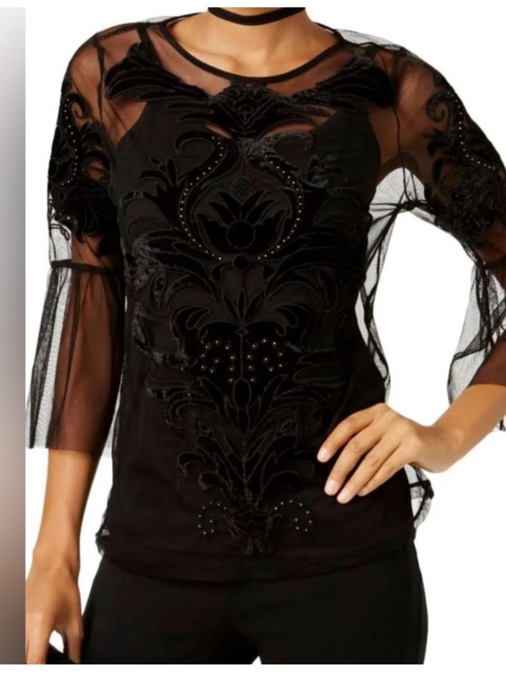 INC Black Mesh Velvet Appliqué See Through Top Blouse Shirt